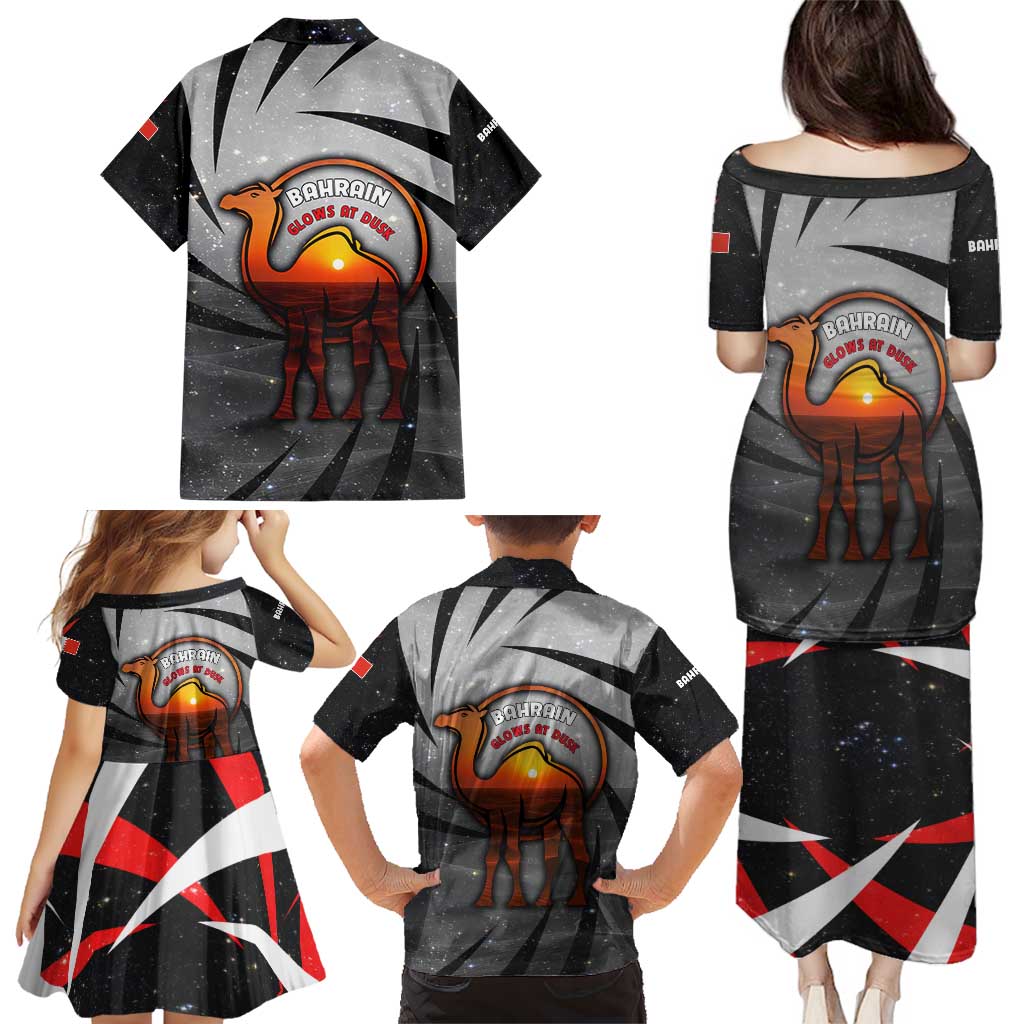 Bahrain Desert Camel Family Matching Puletasi and Hawaiian Shirt with Sunset Glow and Starry Sky