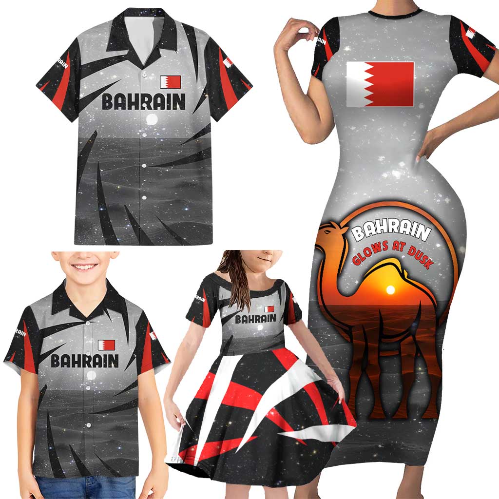 Bahrain Desert Camel Family Matching Short Sleeve Bodycon Dress and Hawaiian Shirt with Sunset Glow and Starry Sky