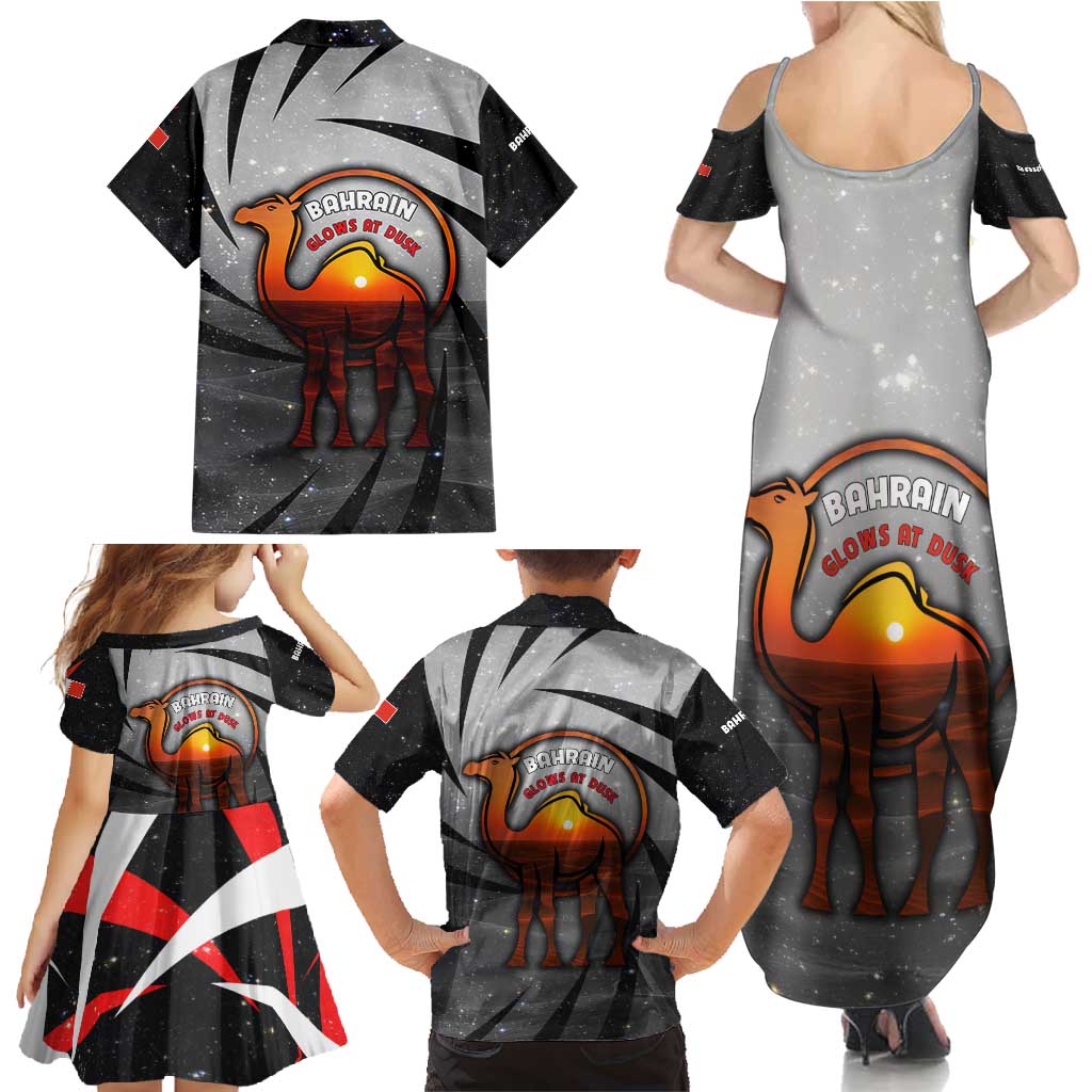 Bahrain Desert Camel Family Matching Summer Maxi Dress and Hawaiian Shirt with Sunset Glow and Starry Sky