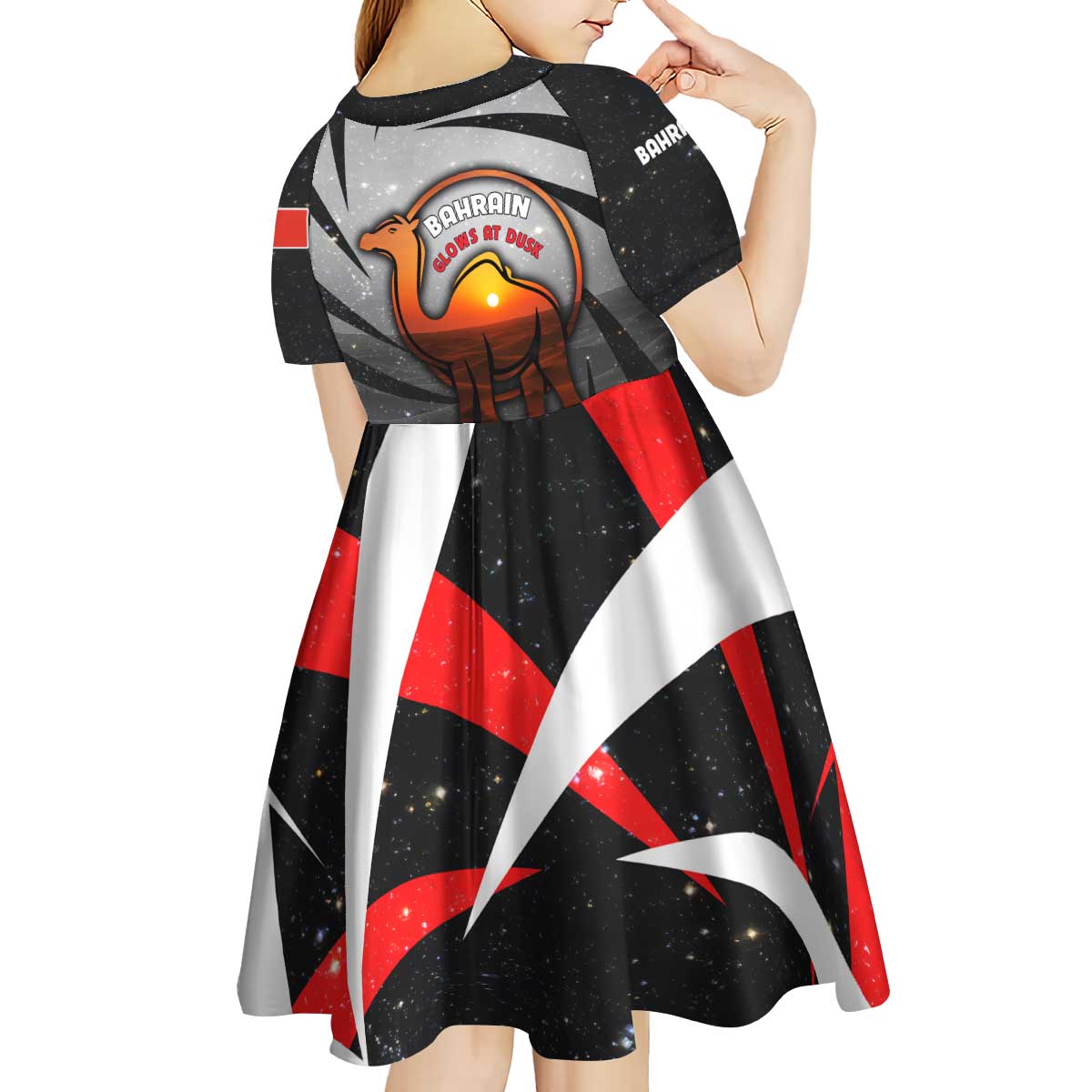 Bahrain Desert Camel Kid Short Sleeve Dress with Sunset Glow and Starry Sky