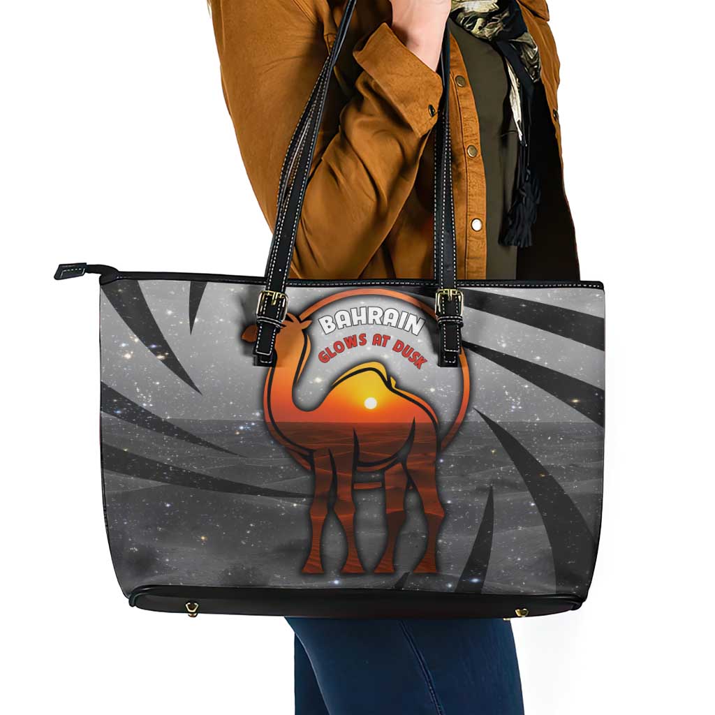 Bahrain Desert Camel Leather Tote Bag with Sunset Glow and Starry Sky