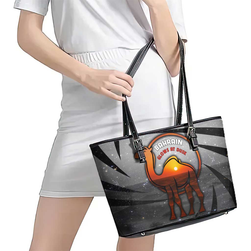 Bahrain Desert Camel Leather Tote Bag with Sunset Glow and Starry Sky