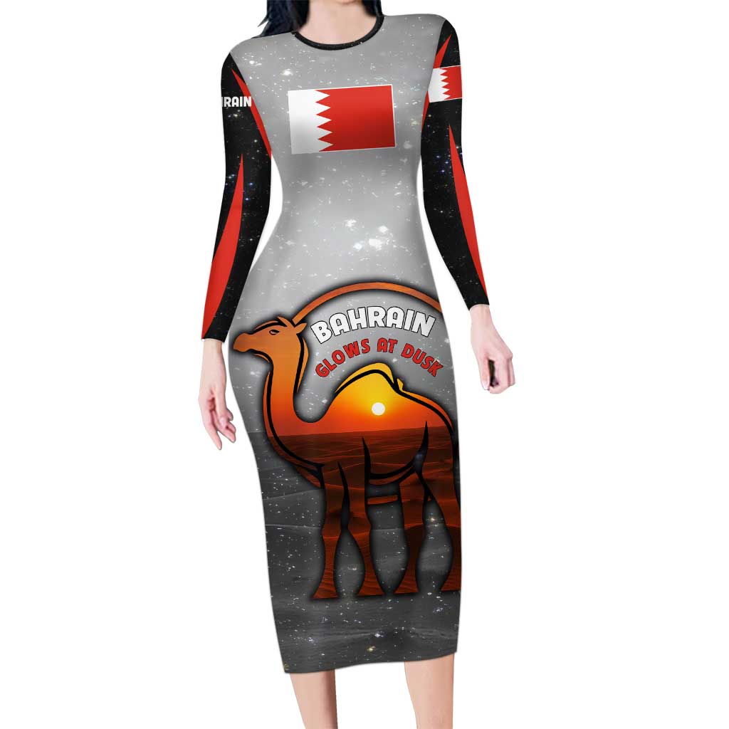 Bahrain Desert Camel Long Sleeve Bodycon Dress with Sunset Glow and Starry Sky