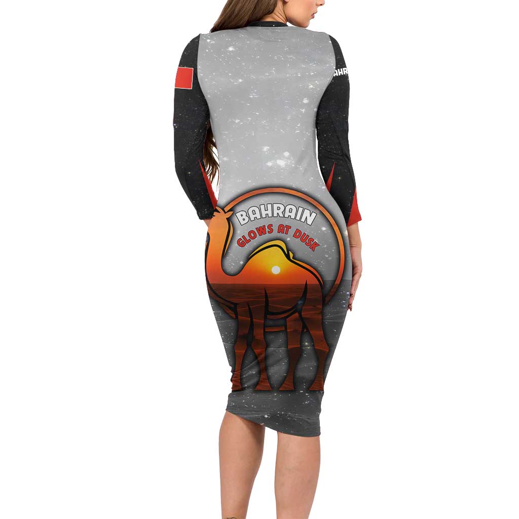 Bahrain Desert Camel Long Sleeve Bodycon Dress with Sunset Glow and Starry Sky