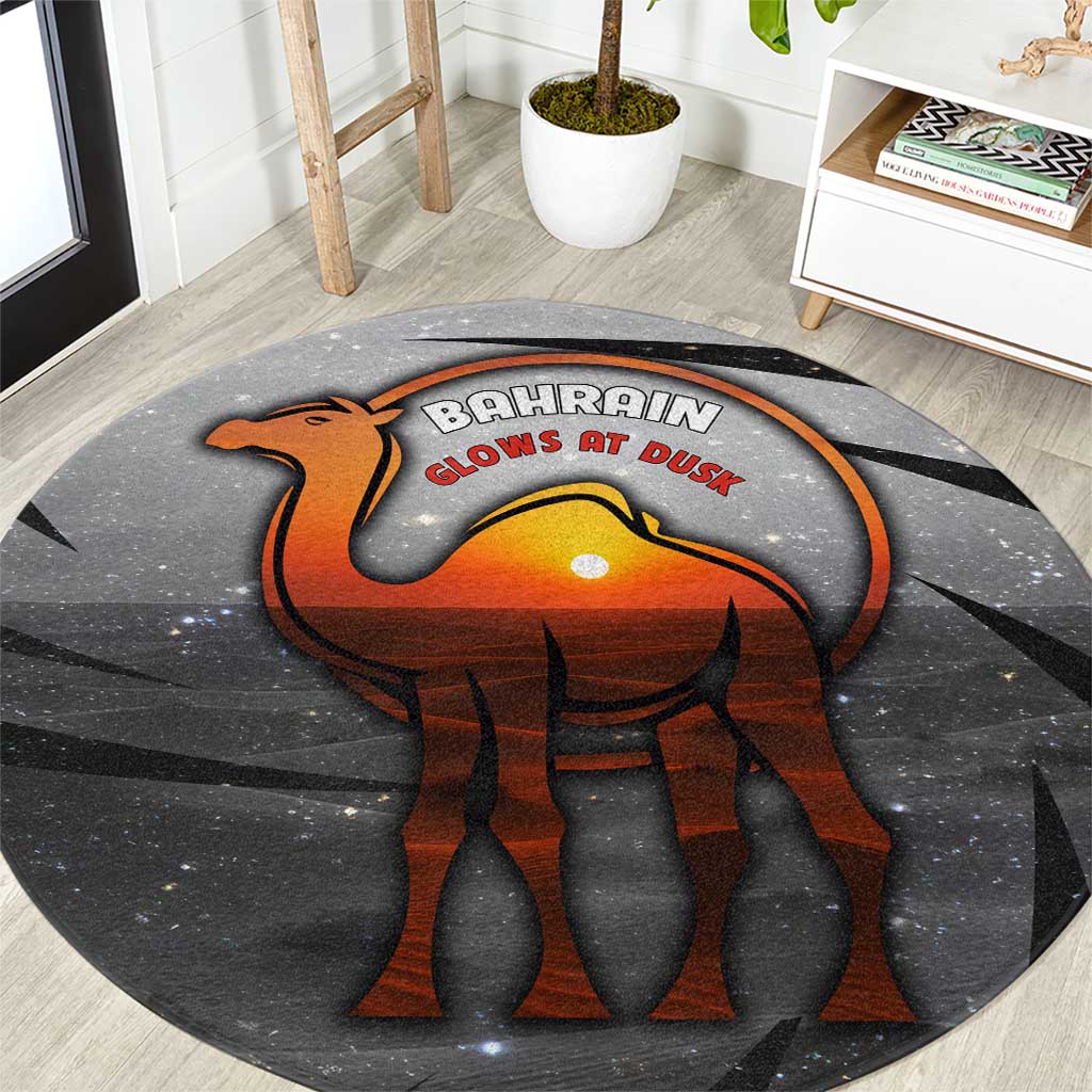 Bahrain Desert Camel Round Carpet with Sunset Glow and Starry Sky
