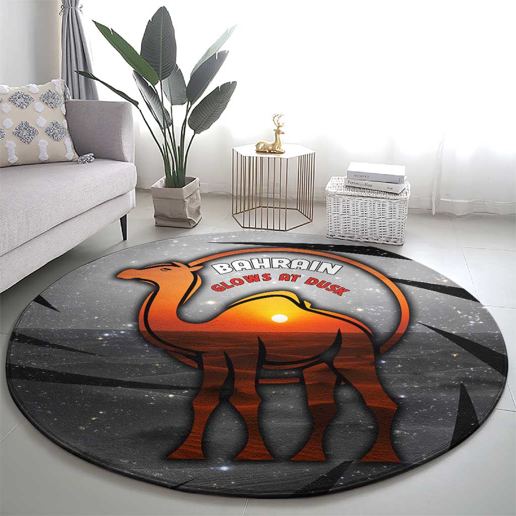 Bahrain Desert Camel Round Carpet with Sunset Glow and Starry Sky