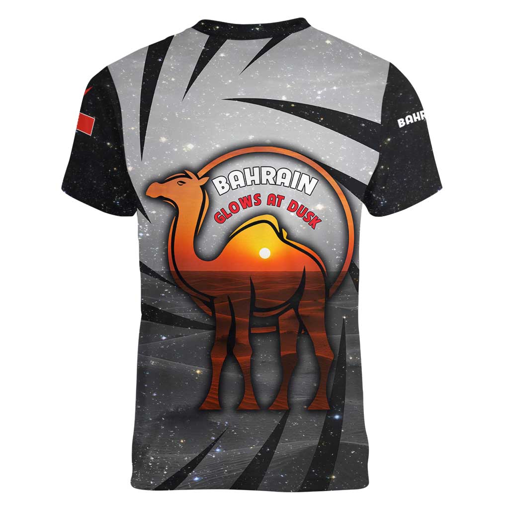 Bahrain Desert Camel Women V-Neck T-Shirt with Sunset Glow and Starry Sky
