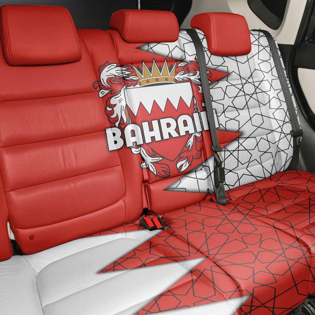 Bahrain Shield Design Back Car Seat Cover with Arabesque Tile Motif in Red