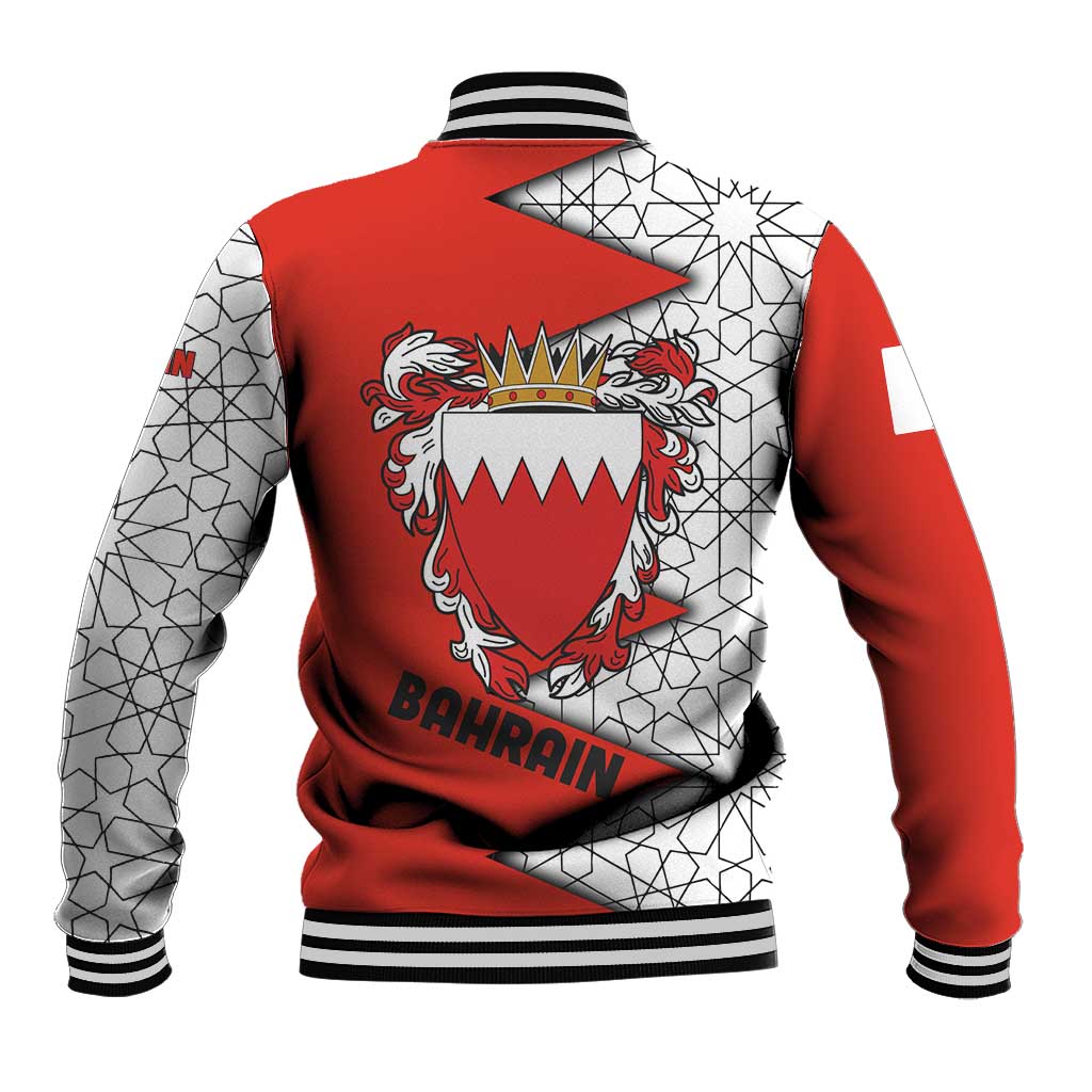 Bahrain Shield Design Baseball Jacket with Arabesque Tile Motif in Red