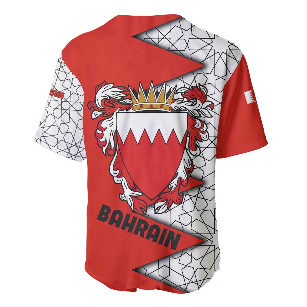 Bahrain Shield Design Baseball Jersey with Arabesque Tile Motif in Red