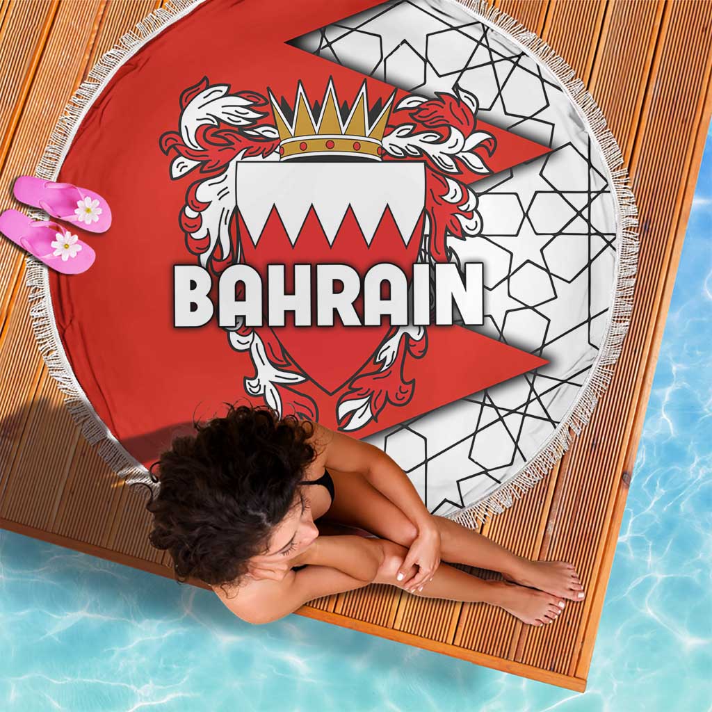 Bahrain Shield Design Beach Blanket with Arabesque Tile Motif in Red