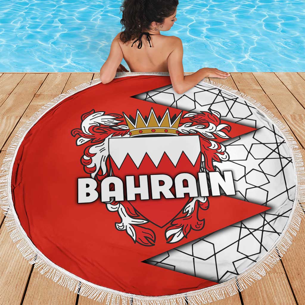 Bahrain Shield Design Beach Blanket with Arabesque Tile Motif in Red
