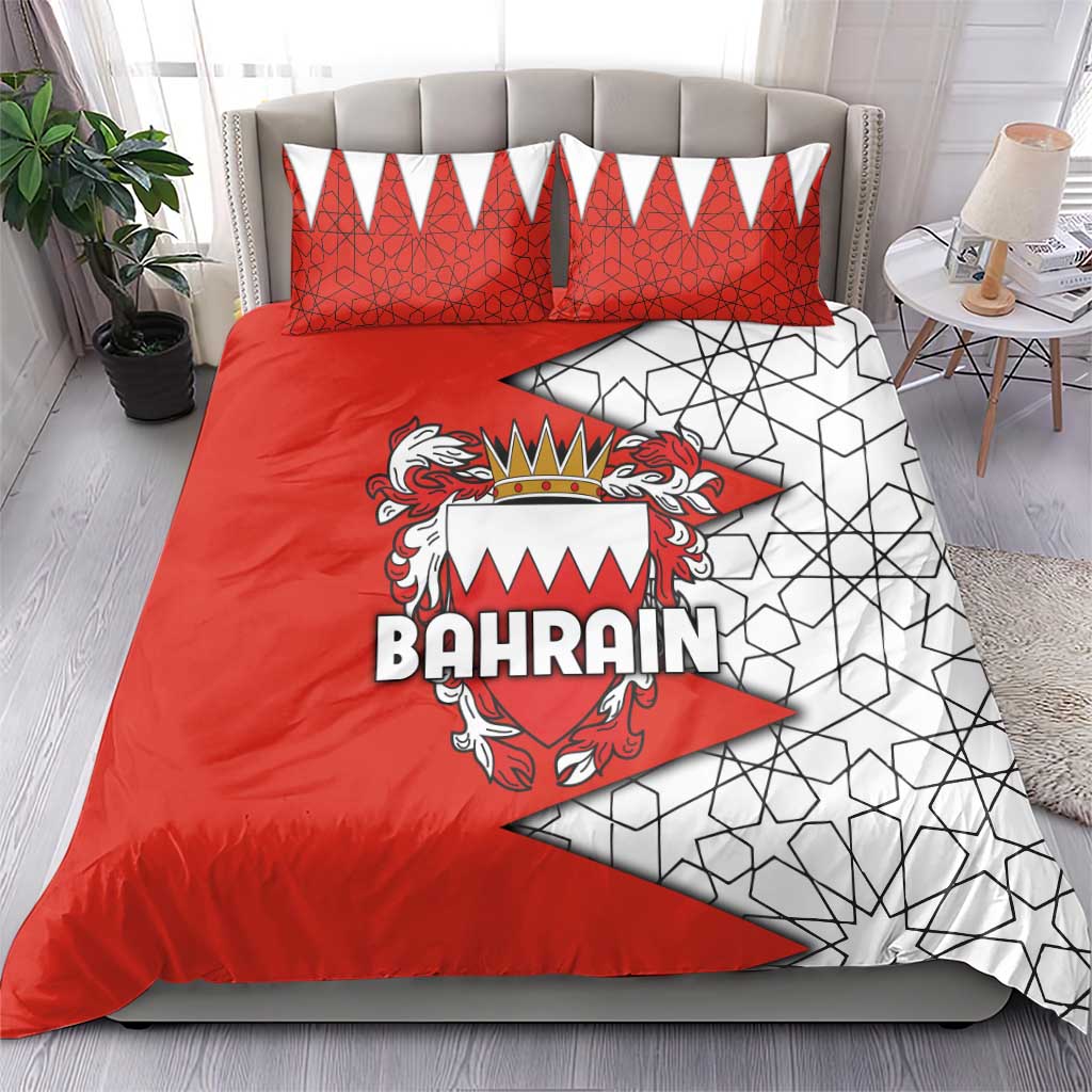 Bahrain Shield Design Bedding Set with Arabesque Tile Motif in Red