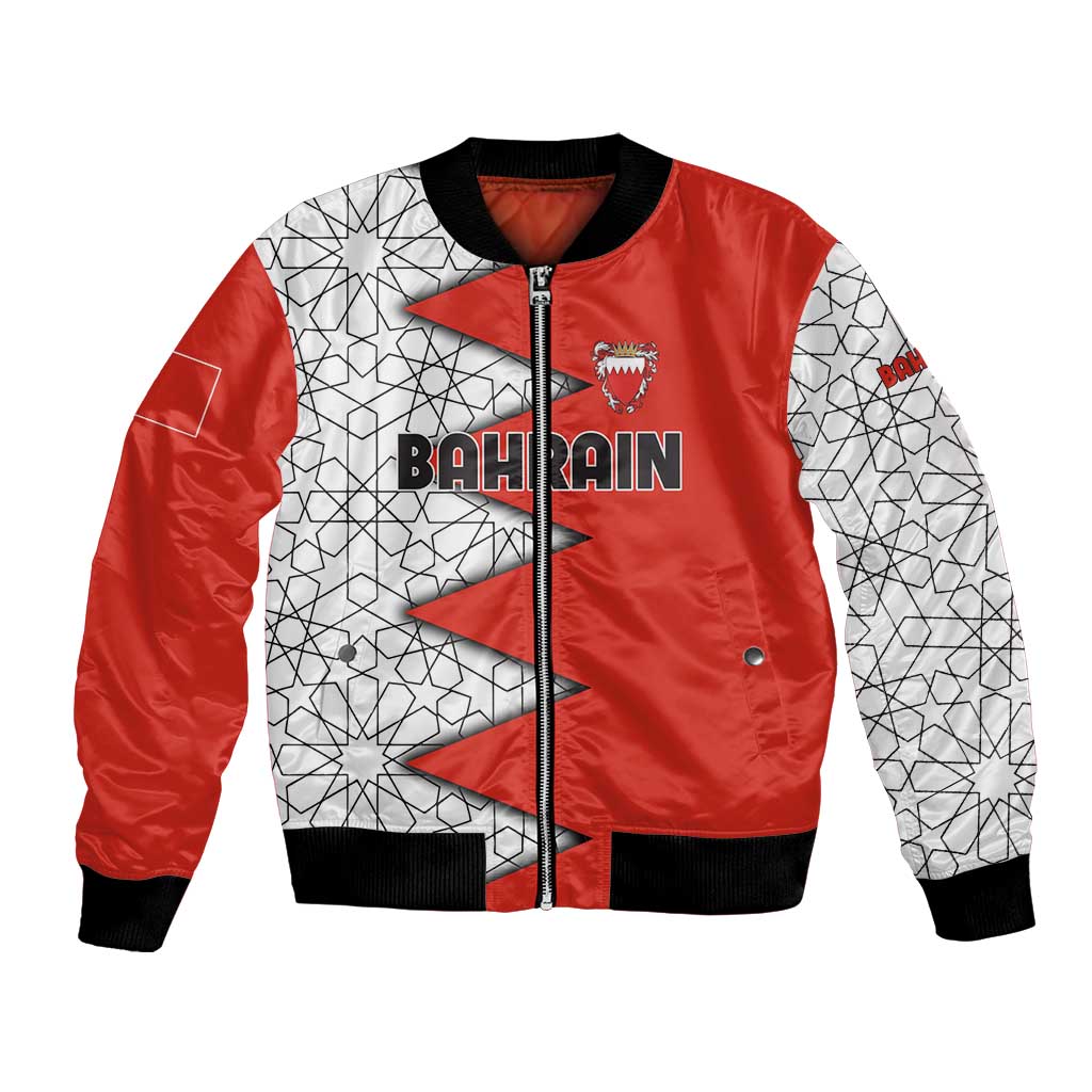 Bahrain Shield Design Bomber Jacket with Arabesque Tile Motif in Red
