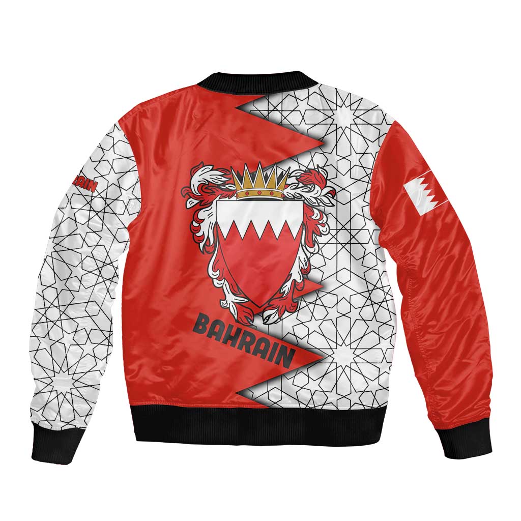 Bahrain Shield Design Bomber Jacket with Arabesque Tile Motif in Red