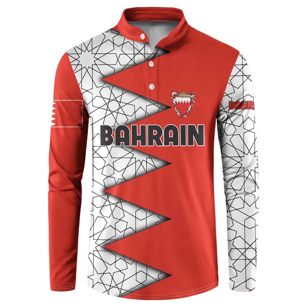 Bahrain Shield Design Button Sweatshirt with Arabesque Tile Motif in Red