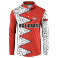 Bahrain Shield Design Button Sweatshirt with Arabesque Tile Motif in Red