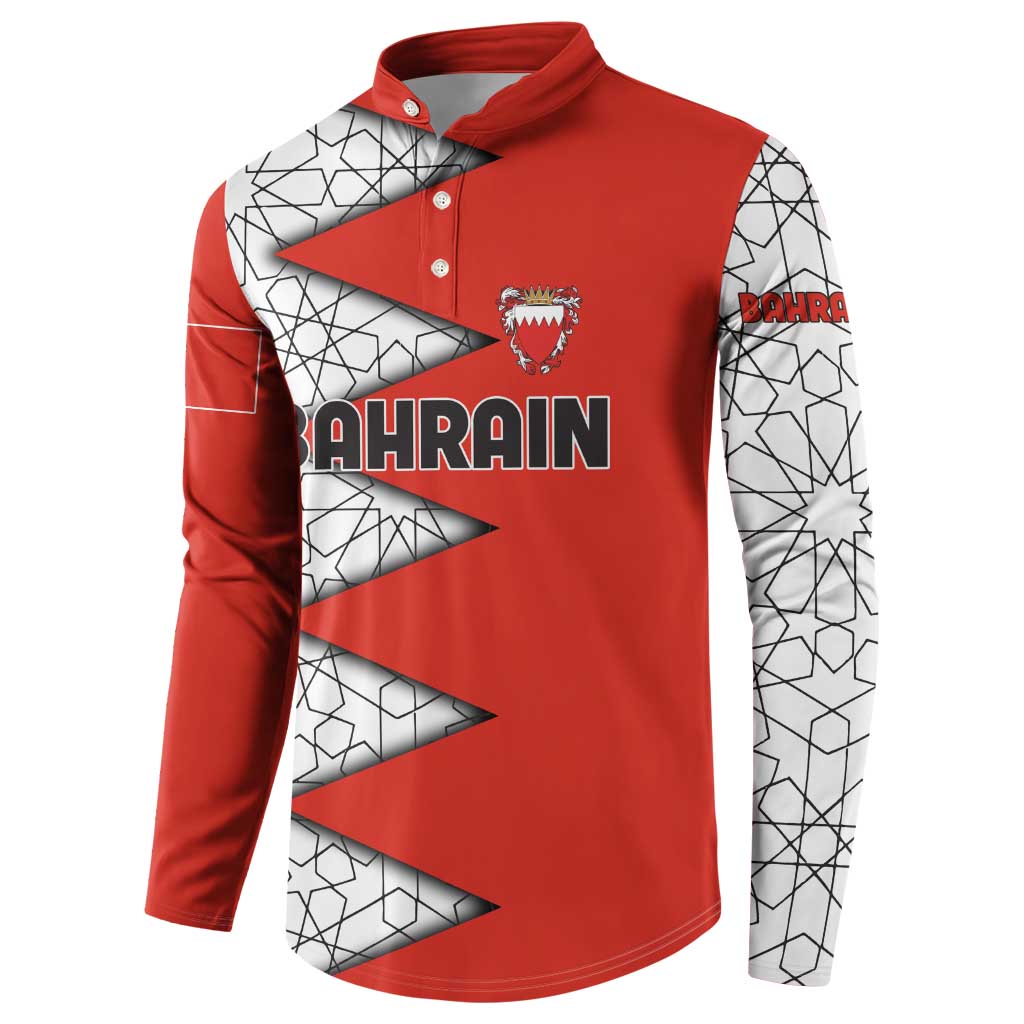 Bahrain Shield Design Button Sweatshirt with Arabesque Tile Motif in Red
