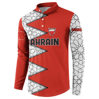 Bahrain Shield Design Button Sweatshirt with Arabesque Tile Motif in Red