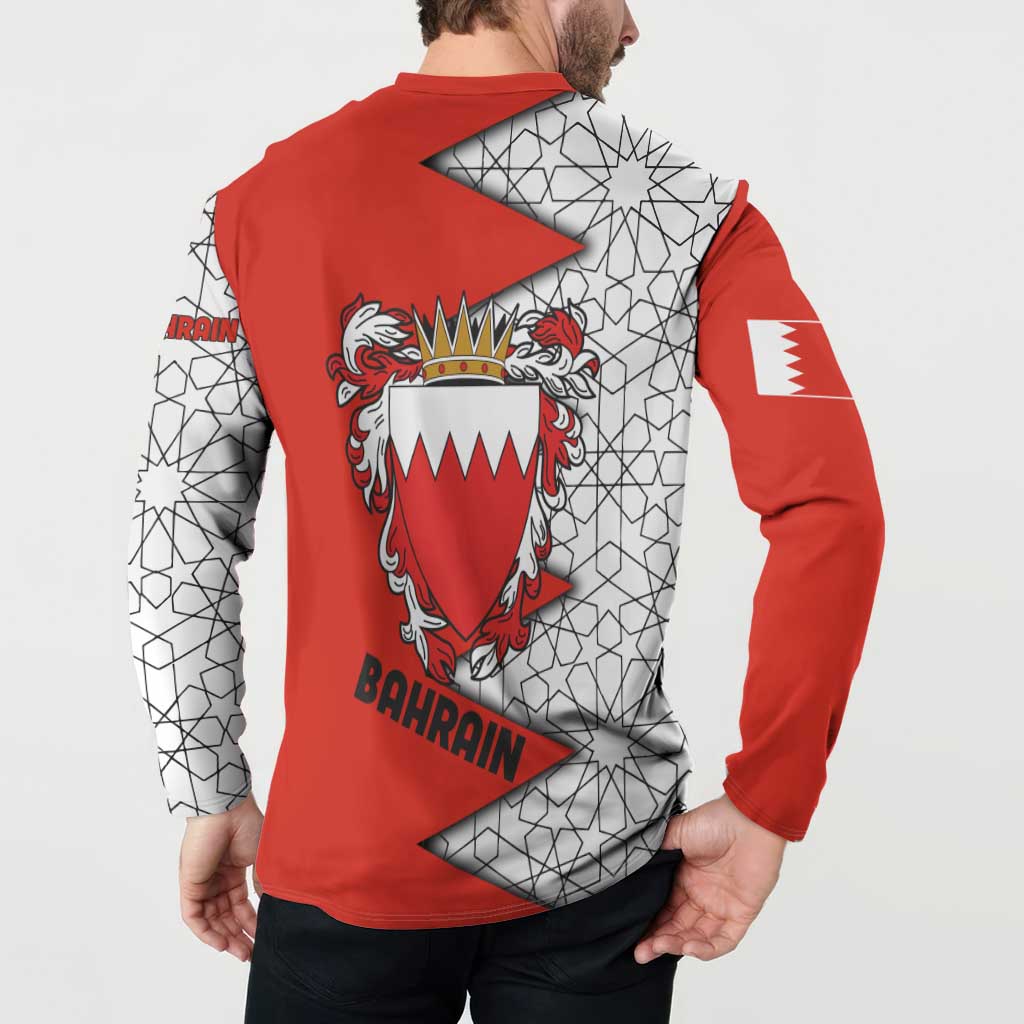 Bahrain Shield Design Button Sweatshirt with Arabesque Tile Motif in Red