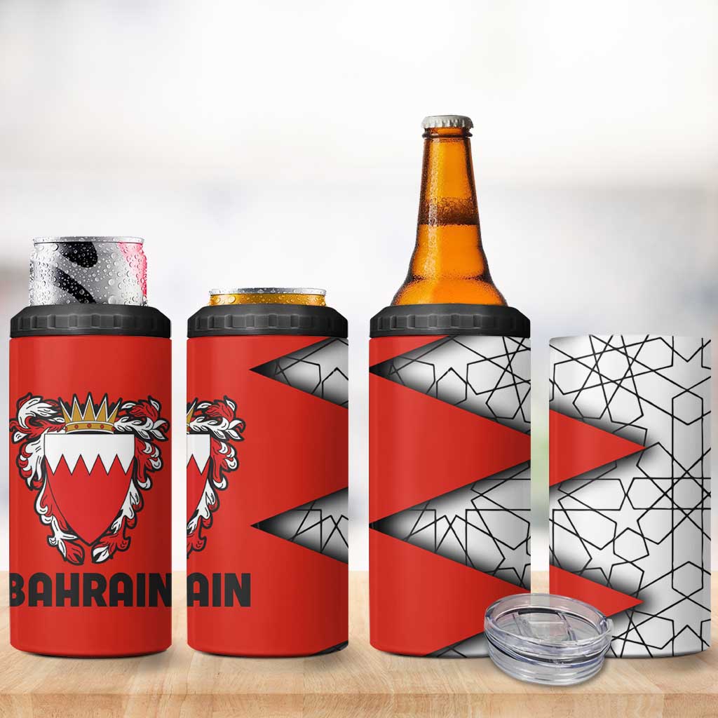 Bahrain Shield Design 4 in 1 Can Cooler Tumbler with Arabesque Tile Motif in Red