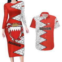 Bahrain Shield Design Couples Matching Long Sleeve Bodycon Dress and Hawaiian Shirt with Arabesque Tile Motif in Red