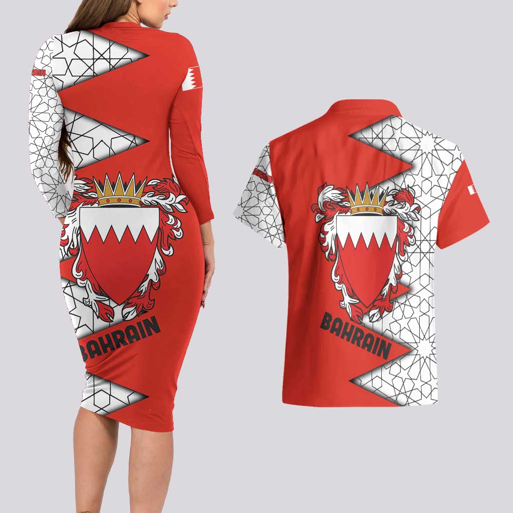 Bahrain Shield Design Couples Matching Long Sleeve Bodycon Dress and Hawaiian Shirt with Arabesque Tile Motif in Red
