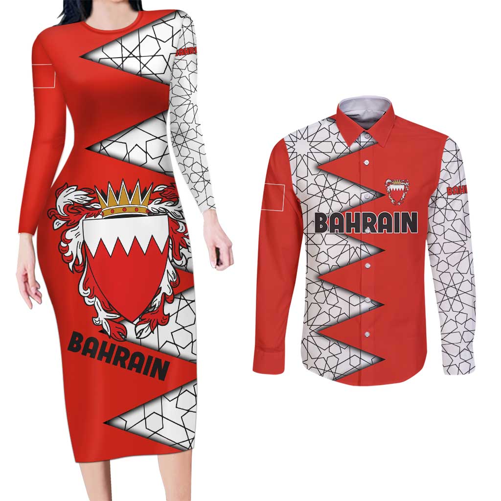 Bahrain Shield Design Couples Matching Long Sleeve Bodycon Dress and Long Sleeve Button Shirt with Arabesque Tile Motif in Red