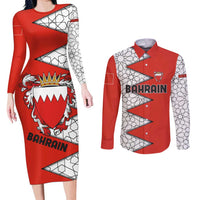 Bahrain Shield Design Couples Matching Long Sleeve Bodycon Dress and Long Sleeve Button Shirt with Arabesque Tile Motif in Red