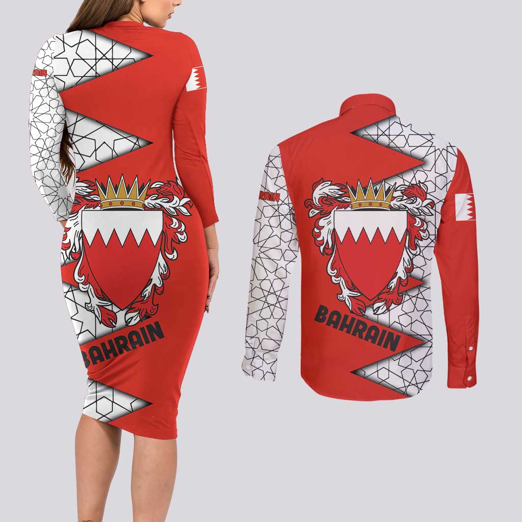 Bahrain Shield Design Couples Matching Long Sleeve Bodycon Dress and Long Sleeve Button Shirt with Arabesque Tile Motif in Red