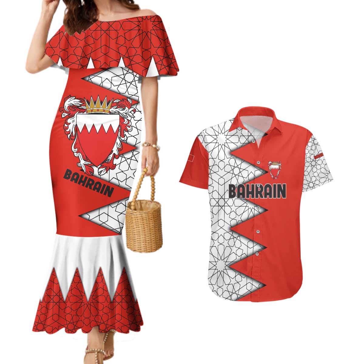 Bahrain Shield Design Couples Matching Mermaid Dress and Hawaiian Shirt with Arabesque Tile Motif in Red