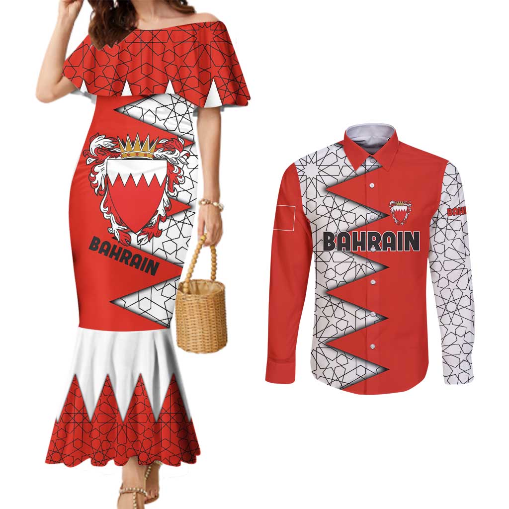 Bahrain Shield Design Couples Matching Mermaid Dress and Long Sleeve Button Shirt with Arabesque Tile Motif in Red