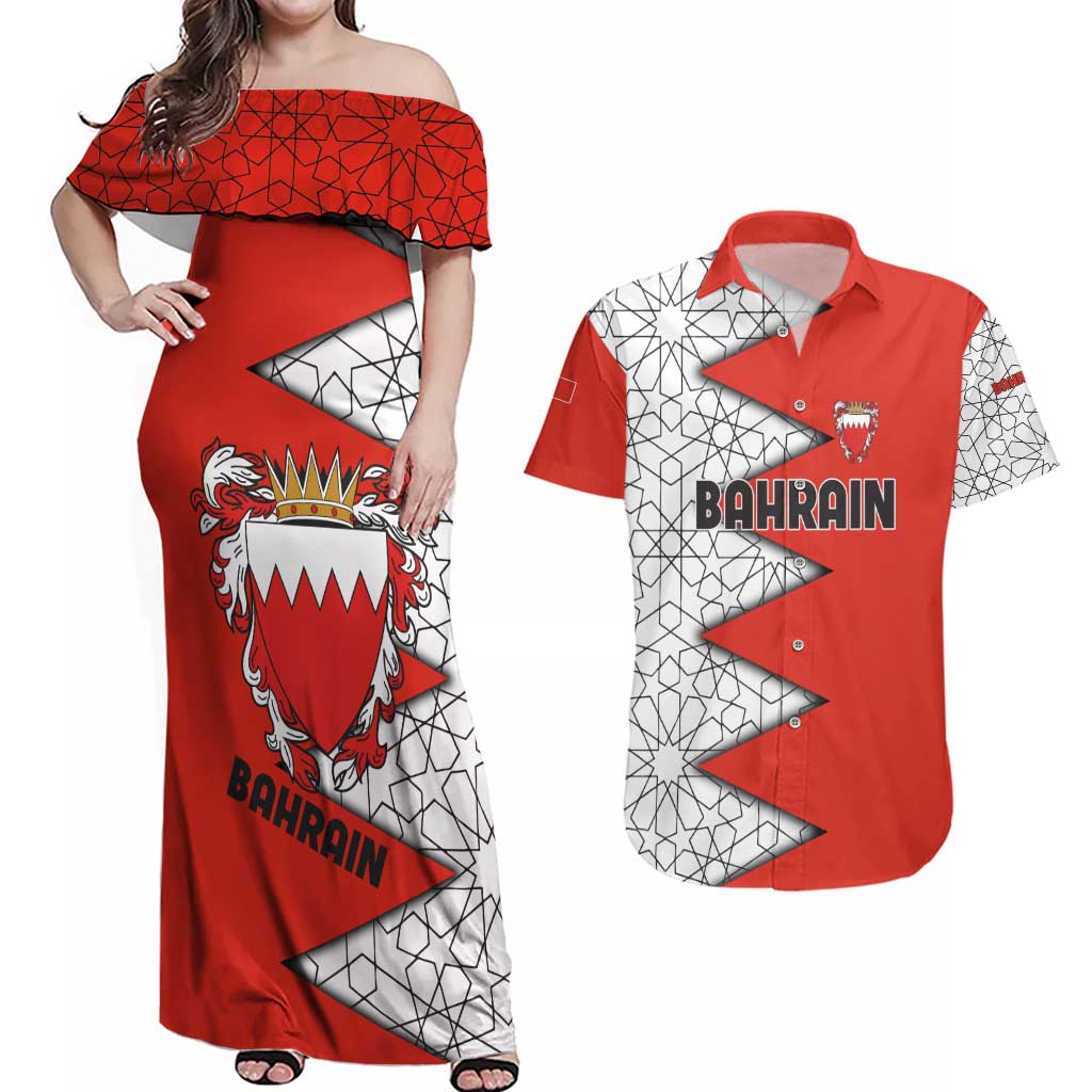 Bahrain Shield Design Couples Matching Off Shoulder Maxi Dress and Hawaiian Shirt with Arabesque Tile Motif in Red