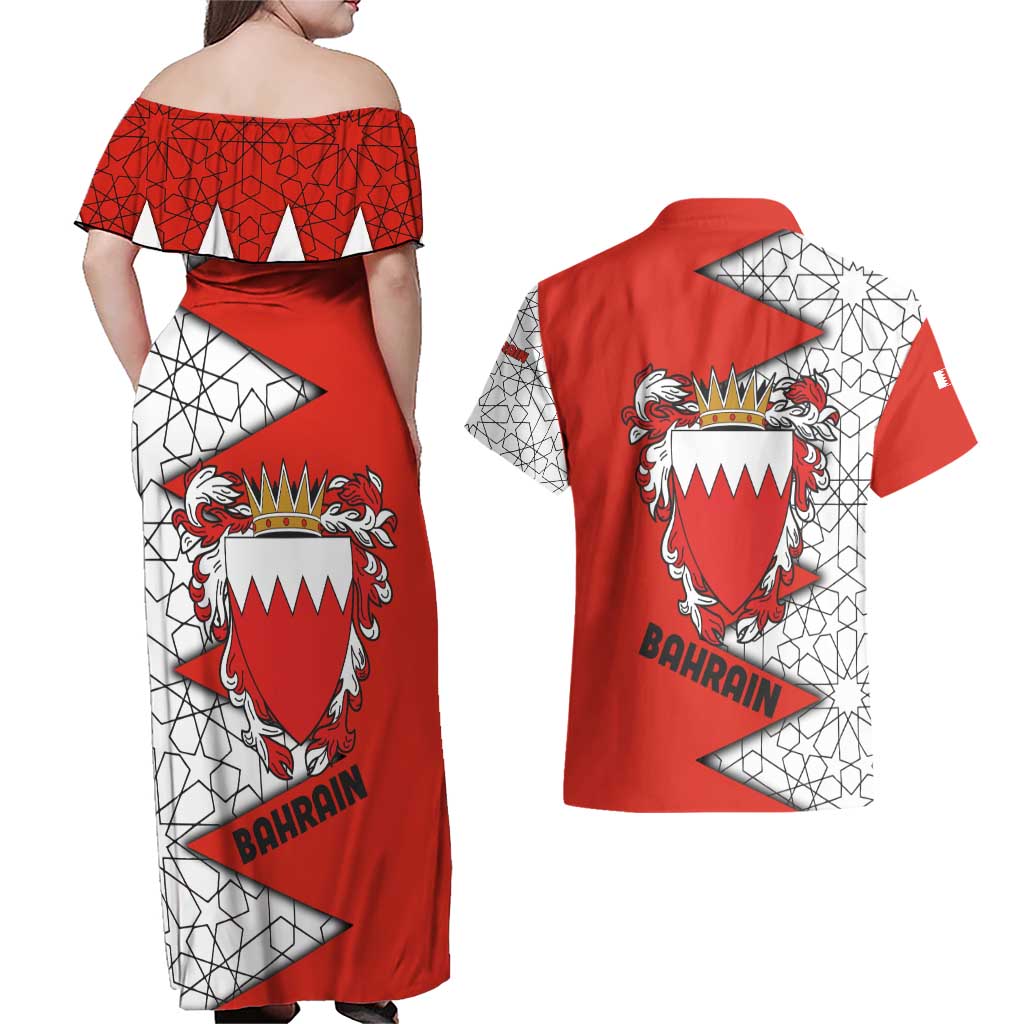 Bahrain Shield Design Couples Matching Off Shoulder Maxi Dress and Hawaiian Shirt with Arabesque Tile Motif in Red
