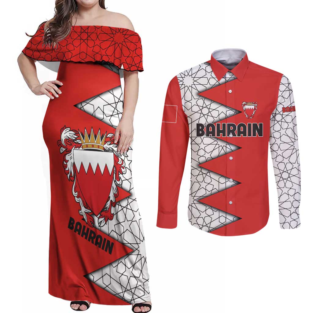 Bahrain Shield Design Couples Matching Off Shoulder Maxi Dress and Long Sleeve Button Shirt with Arabesque Tile Motif in Red