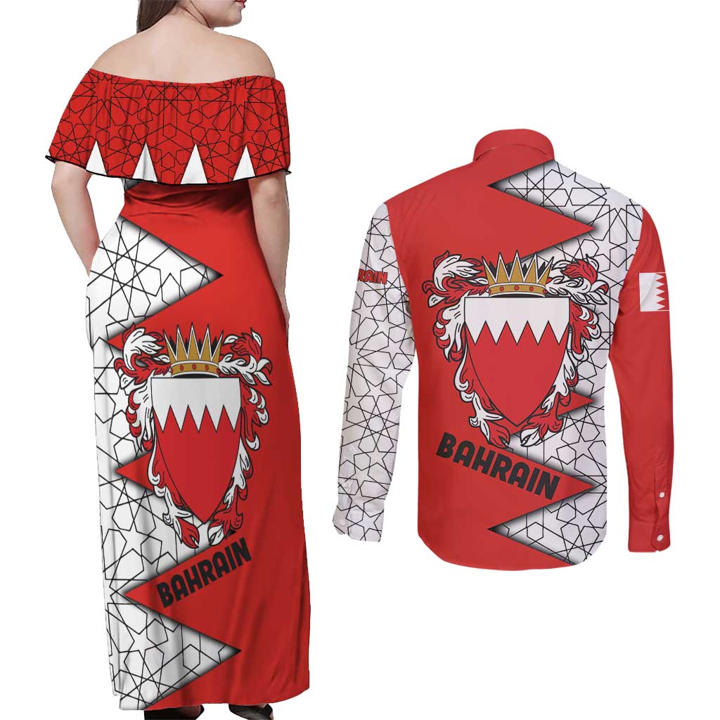 Bahrain Shield Design Couples Matching Off Shoulder Maxi Dress and Long Sleeve Button Shirt with Arabesque Tile Motif in Red