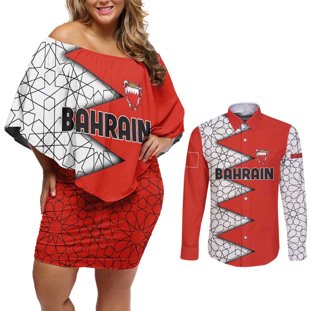 Bahrain Shield Design Couples Matching Off Shoulder Short Dress and Long Sleeve Button Shirt with Arabesque Tile Motif in Red
