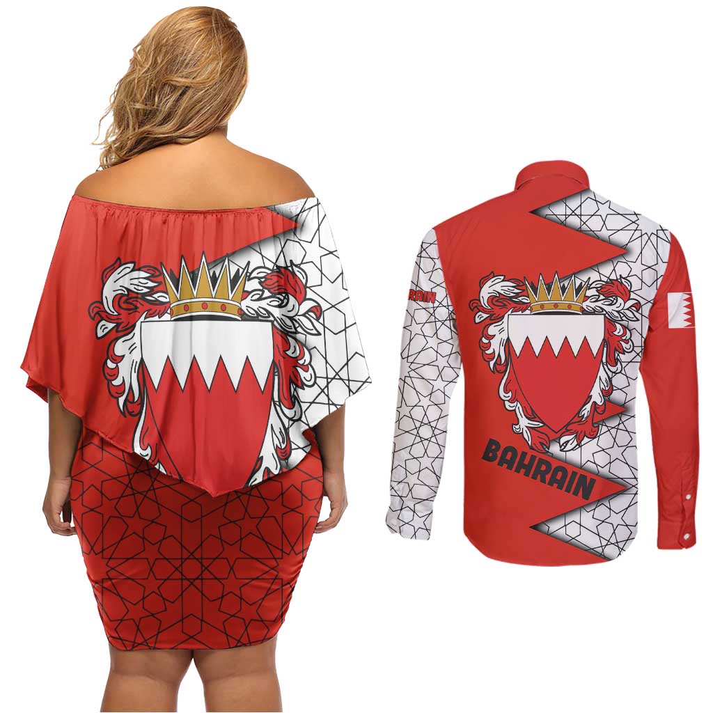 Bahrain Shield Design Couples Matching Off Shoulder Short Dress and Long Sleeve Button Shirt with Arabesque Tile Motif in Red