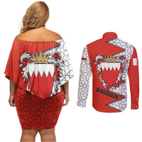 Bahrain Shield Design Couples Matching Off Shoulder Short Dress and Long Sleeve Button Shirt with Arabesque Tile Motif in Red
