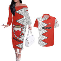 Bahrain Shield Design Couples Matching Off The Shoulder Long Sleeve Dress and Hawaiian Shirt with Arabesque Tile Motif in Red