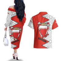 Bahrain Shield Design Couples Matching Off The Shoulder Long Sleeve Dress and Hawaiian Shirt with Arabesque Tile Motif in Red