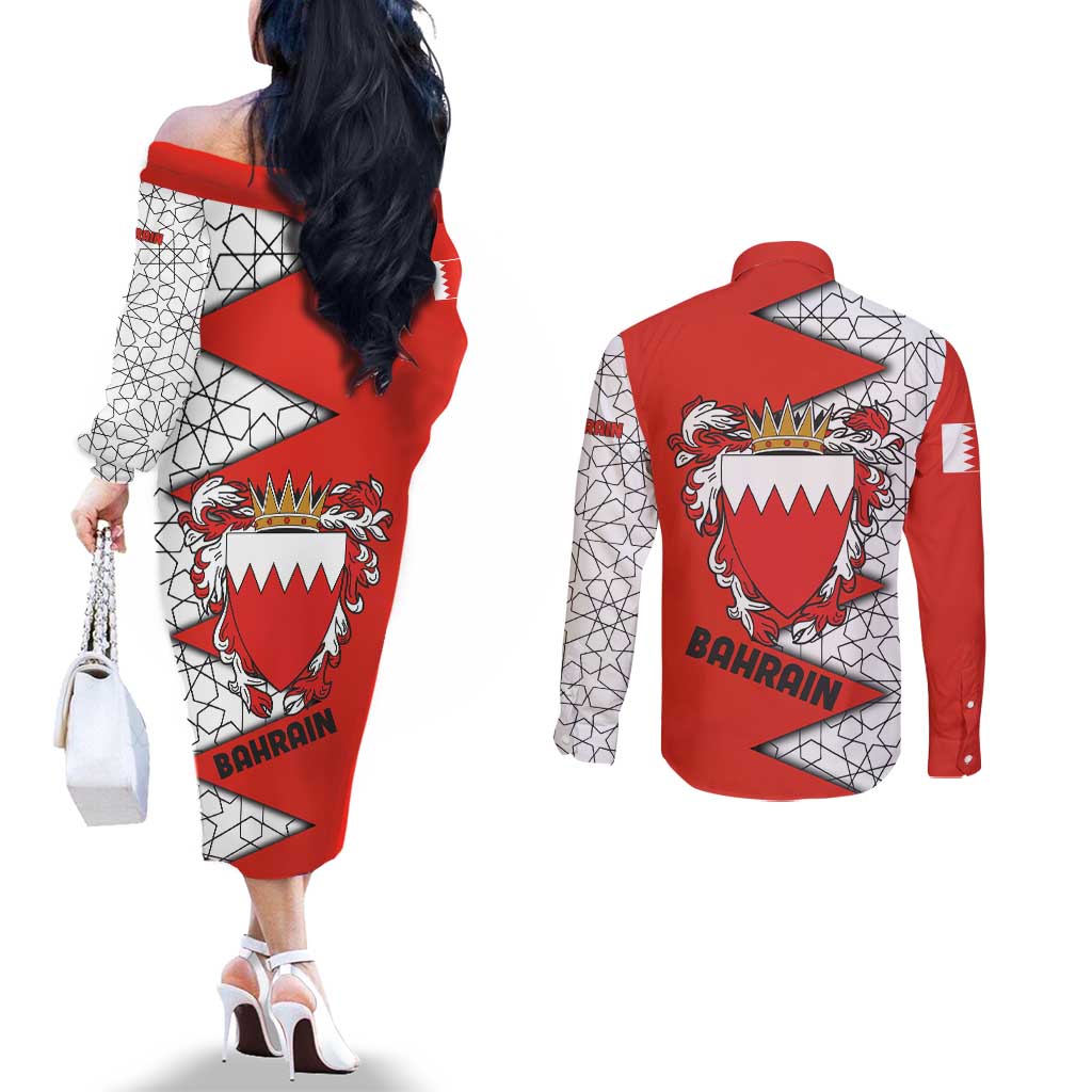 Bahrain Shield Design Couples Matching Off The Shoulder Long Sleeve Dress and Long Sleeve Button Shirt with Arabesque Tile Motif in Red