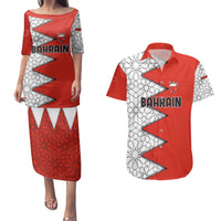 Bahrain Shield Design Couples Matching Puletasi and Hawaiian Shirt with Arabesque Tile Motif in Red