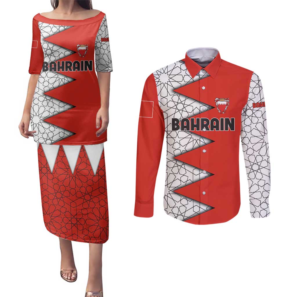 Bahrain Shield Design Couples Matching Puletasi and Long Sleeve Button Shirt with Arabesque Tile Motif in Red
