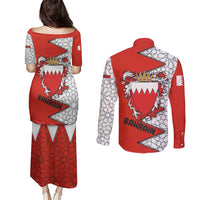 Bahrain Shield Design Couples Matching Puletasi and Long Sleeve Button Shirt with Arabesque Tile Motif in Red