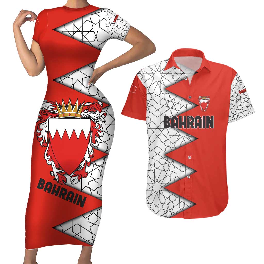 Bahrain Shield Design Couples Matching Short Sleeve Bodycon Dress and Hawaiian Shirt with Arabesque Tile Motif in Red