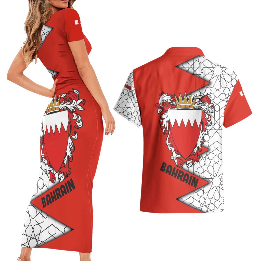 Bahrain Shield Design Couples Matching Short Sleeve Bodycon Dress and Hawaiian Shirt with Arabesque Tile Motif in Red