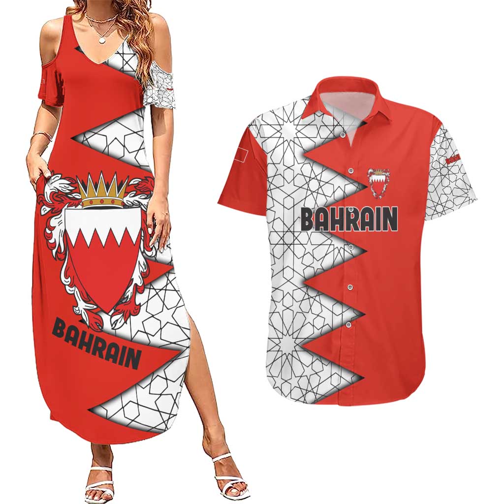 Bahrain Shield Design Couples Matching Summer Maxi Dress and Hawaiian Shirt with Arabesque Tile Motif in Red