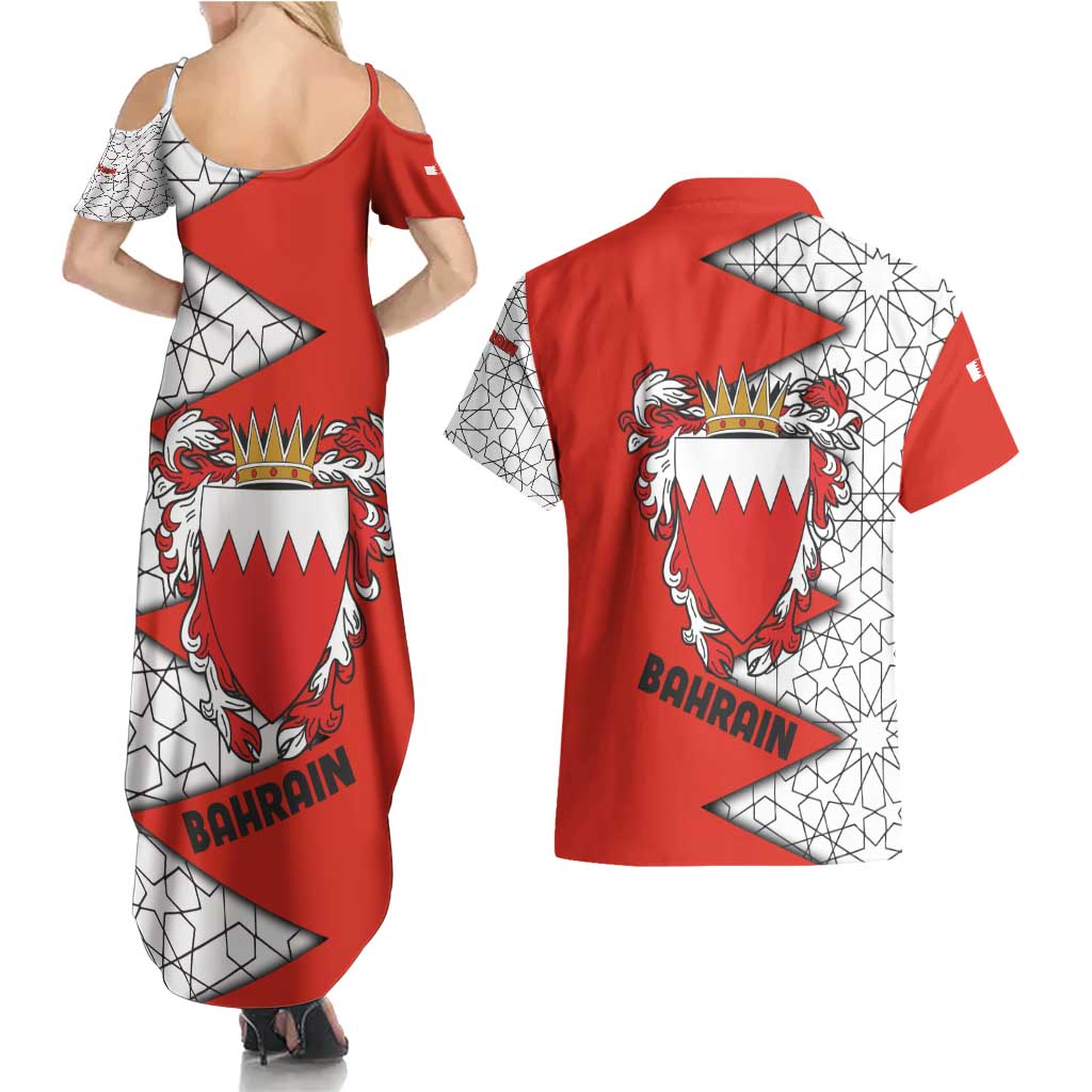 Bahrain Shield Design Couples Matching Summer Maxi Dress and Hawaiian Shirt with Arabesque Tile Motif in Red