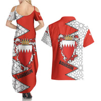 Bahrain Shield Design Couples Matching Summer Maxi Dress and Hawaiian Shirt with Arabesque Tile Motif in Red